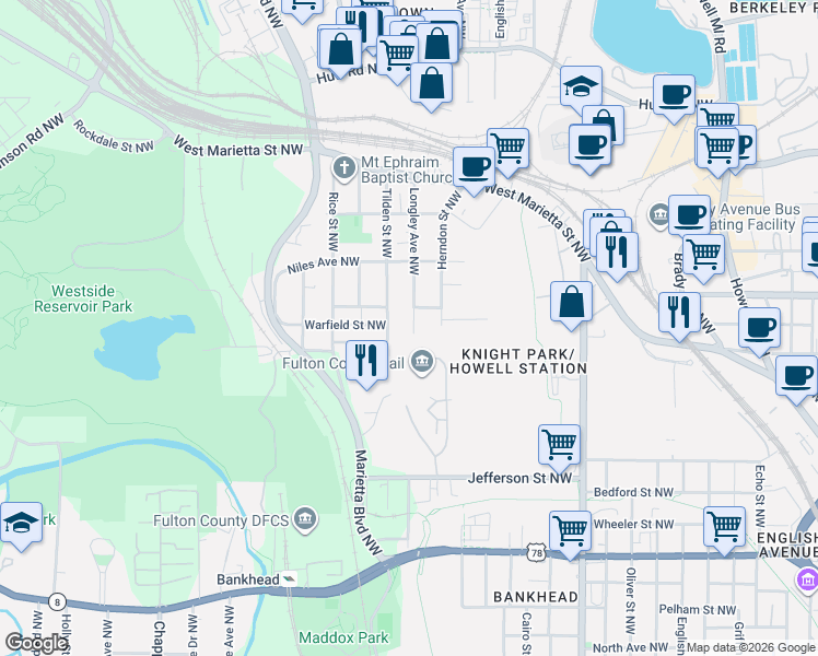 map of restaurants, bars, coffee shops, grocery stores, and more near 914 Longley Avenue Northwest in Atlanta
