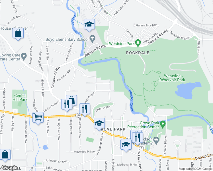 map of restaurants, bars, coffee shops, grocery stores, and more near 1792 Charles Place Northwest in Atlanta