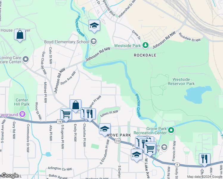 map of restaurants, bars, coffee shops, grocery stores, and more near 914 Edwin Street Northwest in Atlanta