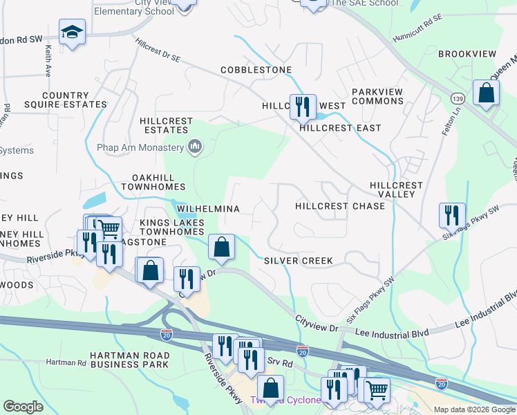 map of restaurants, bars, coffee shops, grocery stores, and more near 7055 Silver Bend Place Southeast in Austell