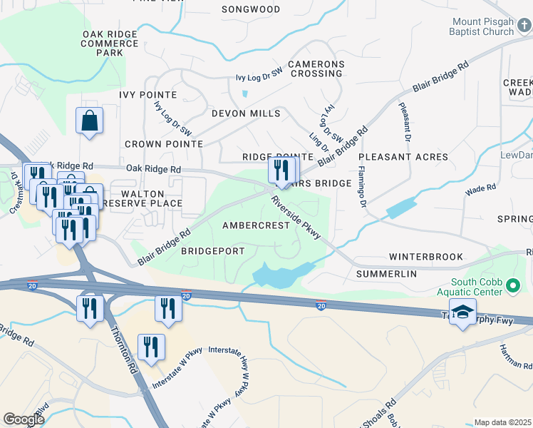 map of restaurants, bars, coffee shops, grocery stores, and more near 7113 Ambercrest Court in Austell