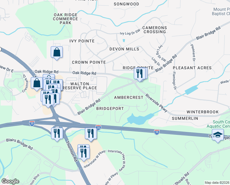 map of restaurants, bars, coffee shops, grocery stores, and more near 1395 Ambercrest Way in Austell