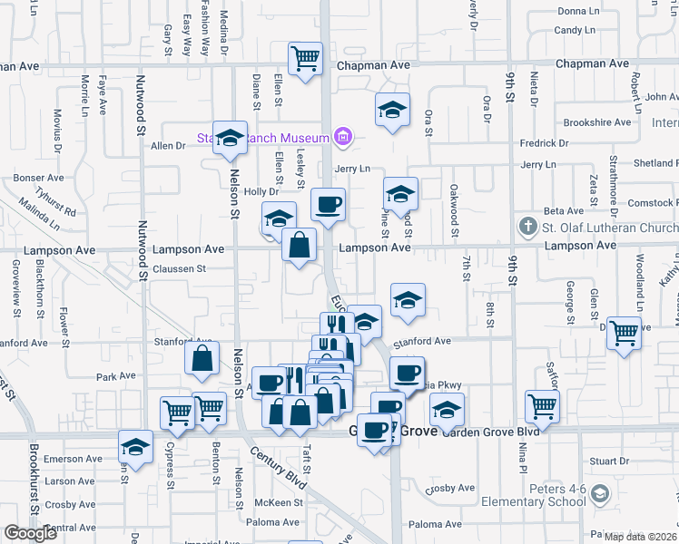 map of restaurants, bars, coffee shops, grocery stores, and more near 11052 Peppertree Lane in Garden Grove