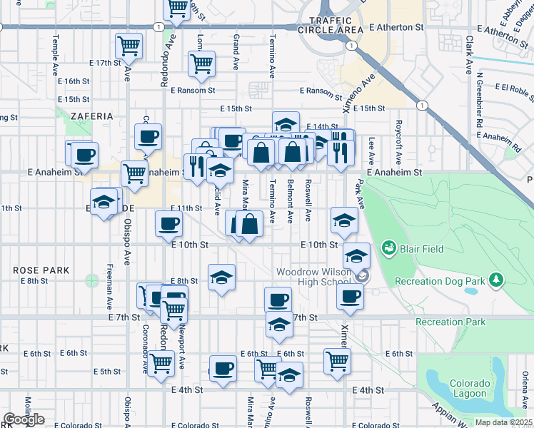 map of restaurants, bars, coffee shops, grocery stores, and more near 3930 East 11th Street in Long Beach