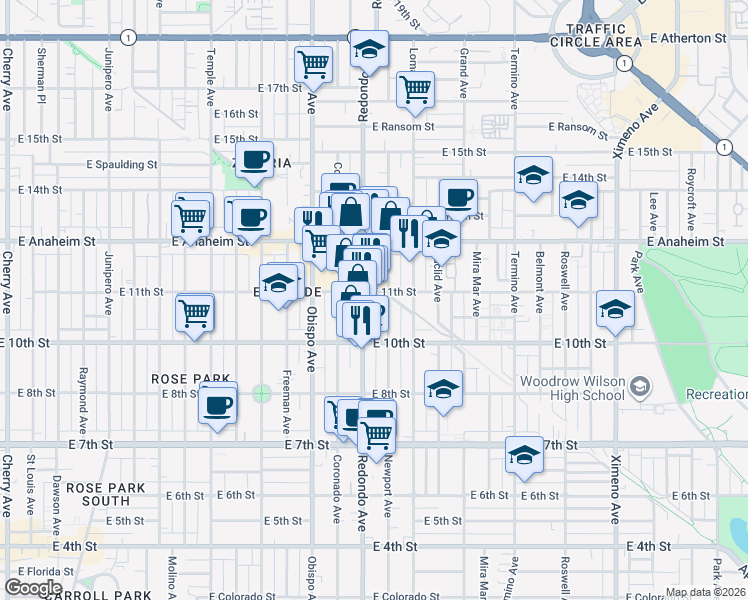 map of restaurants, bars, coffee shops, grocery stores, and more near 1054 Redondo Avenue in Long Beach