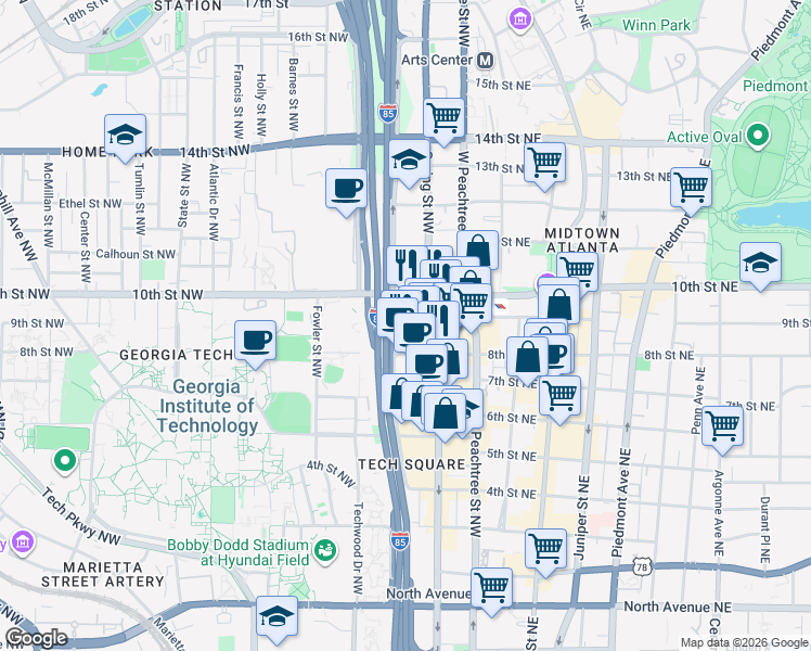 map of restaurants, bars, coffee shops, grocery stores, and more near 95 8th Street Northwest in Atlanta