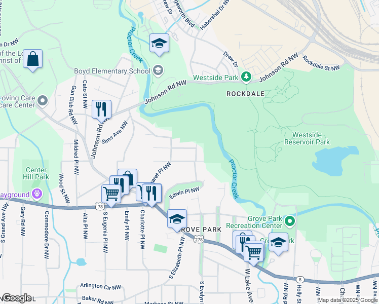map of restaurants, bars, coffee shops, grocery stores, and more near 1800 Charles Place Northwest in Atlanta