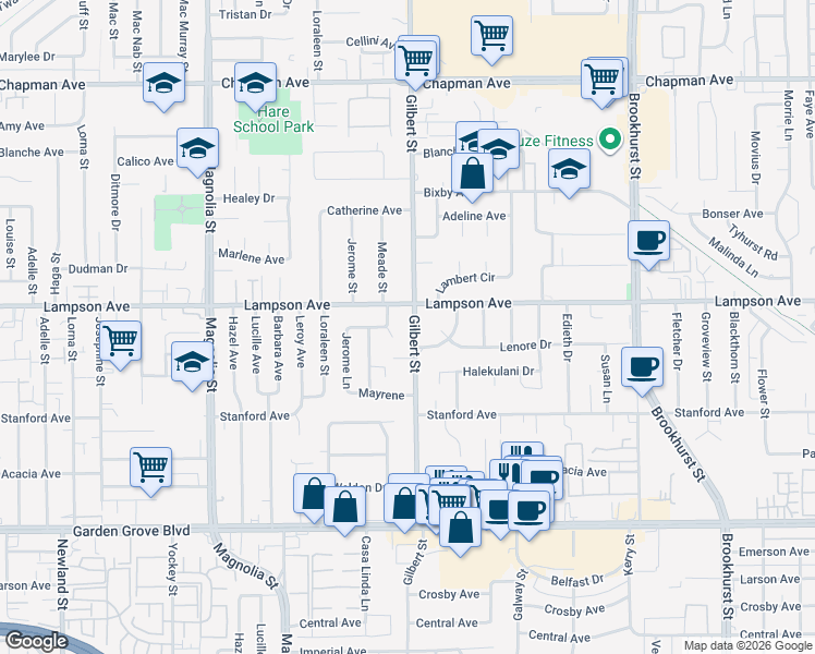 map of restaurants, bars, coffee shops, grocery stores, and more near 12541 Gilbert Street in Garden Grove