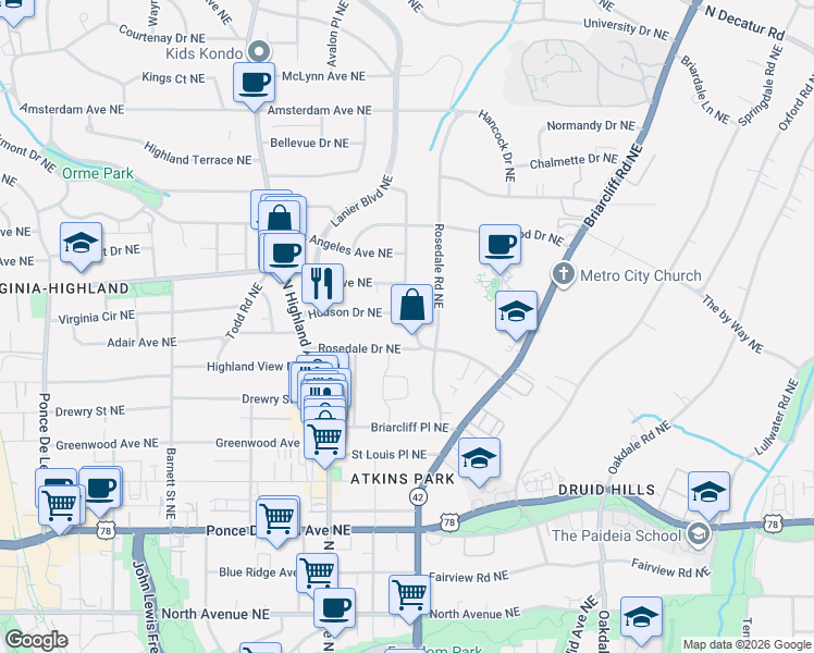 map of restaurants, bars, coffee shops, grocery stores, and more near 1169 Virginia Avenue Northeast in Atlanta
