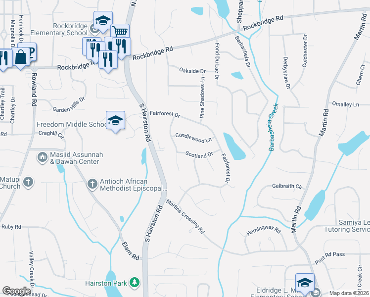 map of restaurants, bars, coffee shops, grocery stores, and more near 4829 Scotland Drive in Stone Mountain