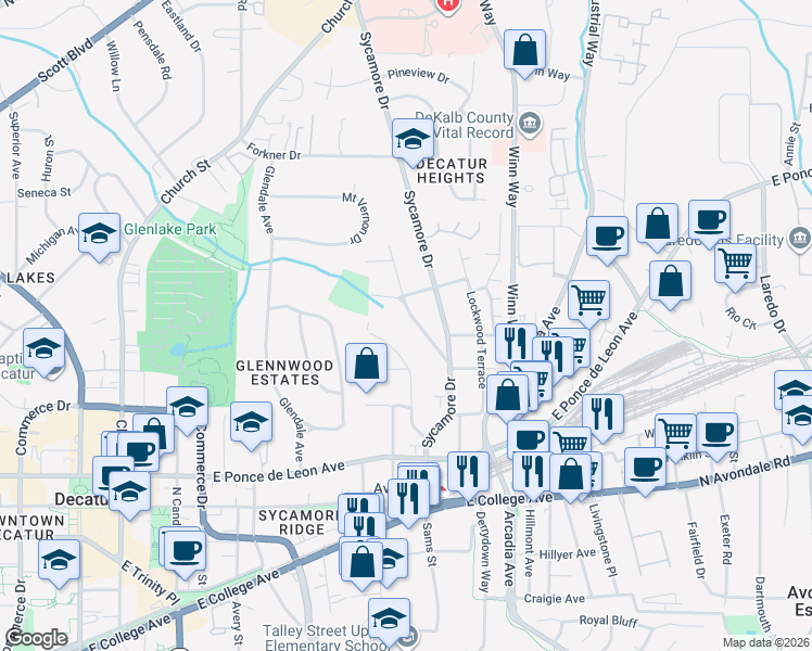 map of restaurants, bars, coffee shops, grocery stores, and more near 331 Hillcrest Avenue in Decatur