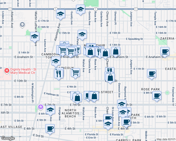 map of restaurants, bars, coffee shops, grocery stores, and more near 1083 Gaviota Avenue in Long Beach