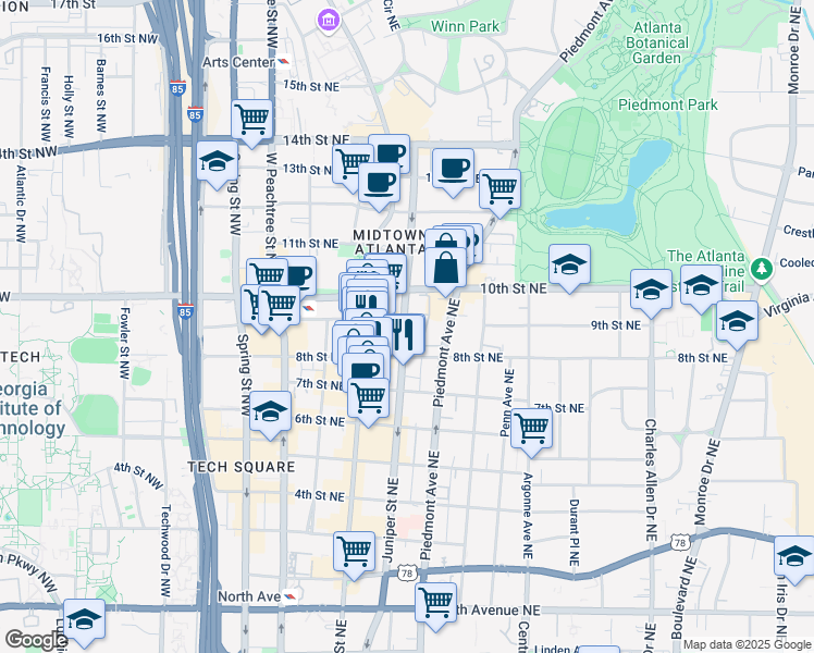 map of restaurants, bars, coffee shops, grocery stores, and more near 126 8th Street Northeast in Atlanta