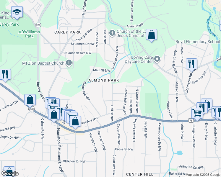 map of restaurants, bars, coffee shops, grocery stores, and more near 930 Hall Street Northwest in Atlanta