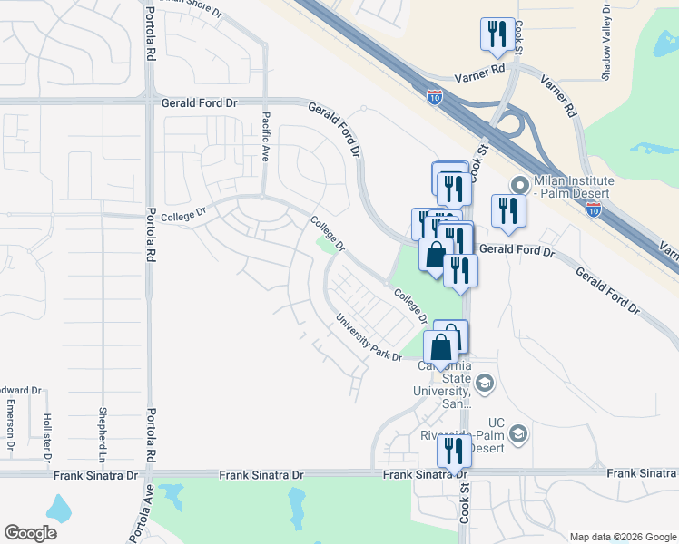 map of restaurants, bars, coffee shops, grocery stores, and more near 41108 Emory Lane in Palm Desert