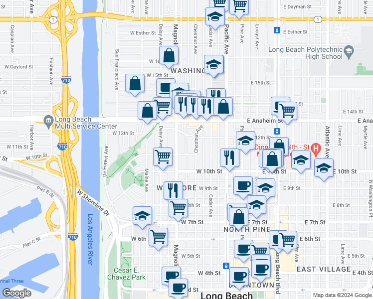 map of restaurants, bars, coffee shops, grocery stores, and more near 435 West 11th Street in Long Beach