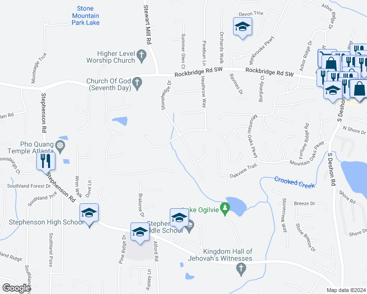 map of restaurants, bars, coffee shops, grocery stores, and more near 591 Stonehedge Drive in Stone Mountain