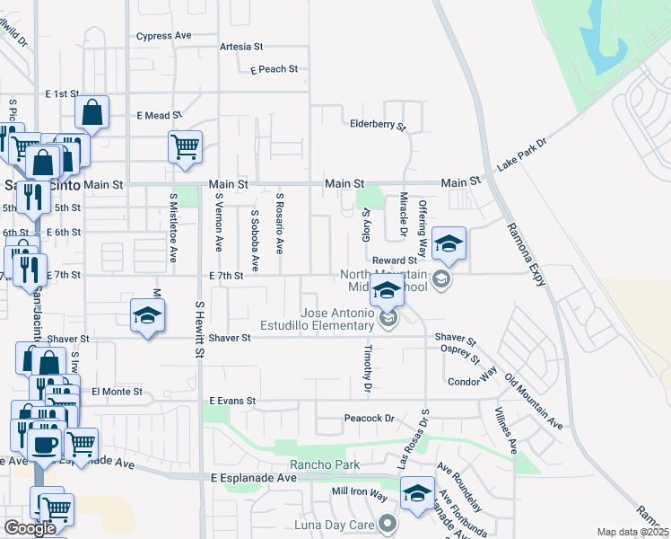 map of restaurants, bars, coffee shops, grocery stores, and more near 671 Cecelia Drive South in San Jacinto