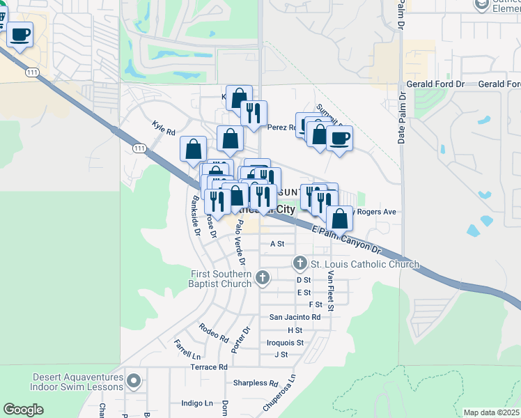 map of restaurants, bars, coffee shops, grocery stores, and more near 31200 Landau Boulevard in Cathedral City
