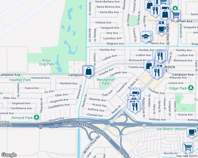 map of restaurants, bars, coffee shops, grocery stores, and more near 5331 Cerulean Avenue in Garden Grove