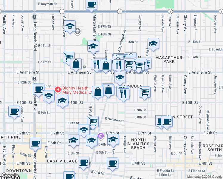 map of restaurants, bars, coffee shops, grocery stores, and more near 1055 Alamitos Avenue in Long Beach