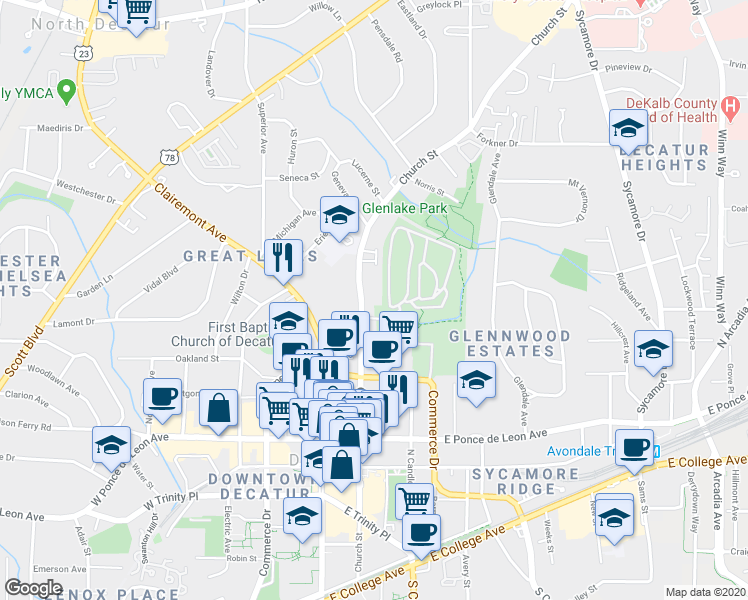 map of restaurants, bars, coffee shops, grocery stores, and more near 917 Church Street in Decatur