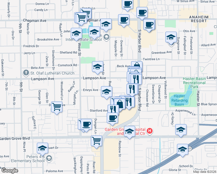 map of restaurants, bars, coffee shops, grocery stores, and more near 12571 Buaro Street in Garden Grove