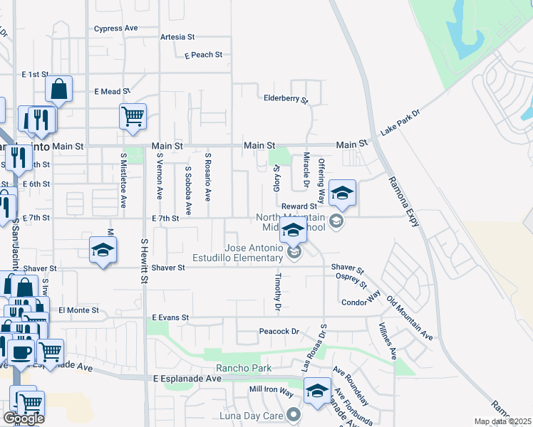 map of restaurants, bars, coffee shops, grocery stores, and more near 671 Cecelia Drive South in San Jacinto