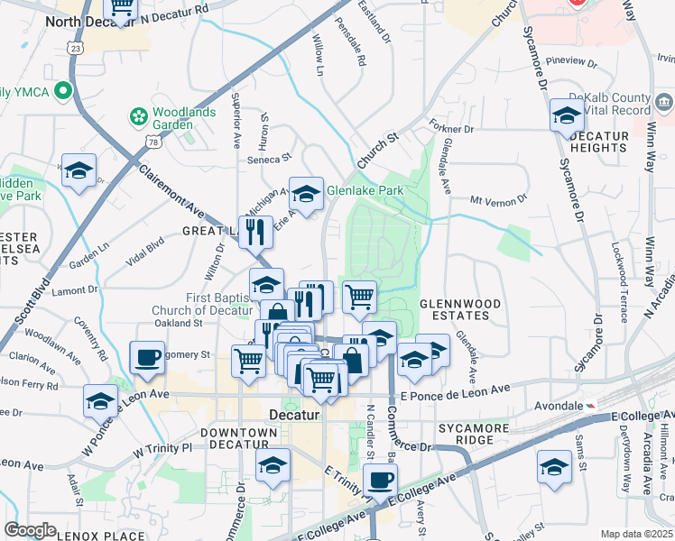 map of restaurants, bars, coffee shops, grocery stores, and more near 903 Church Street in Decatur