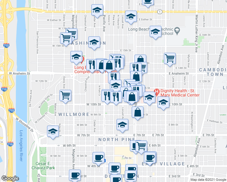 map of restaurants, bars, coffee shops, grocery stores, and more near 1119 Pine Avenue in Long Beach