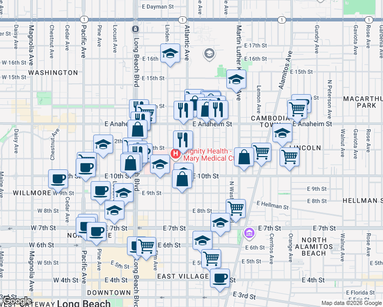 map of restaurants, bars, coffee shops, grocery stores, and more near 1062 Atlantic Avenue in Long Beach