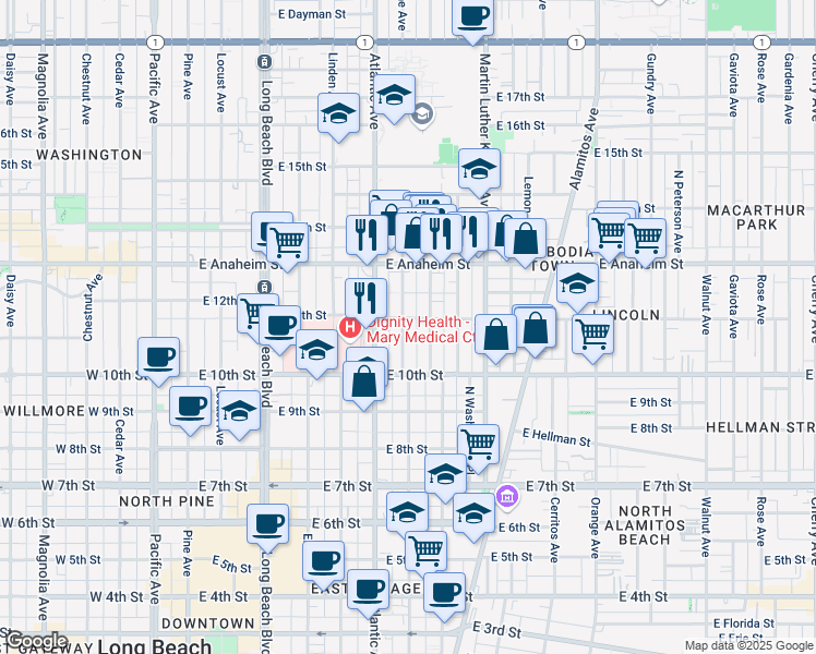 map of restaurants, bars, coffee shops, grocery stores, and more near 1086 Lime Avenue in Long Beach