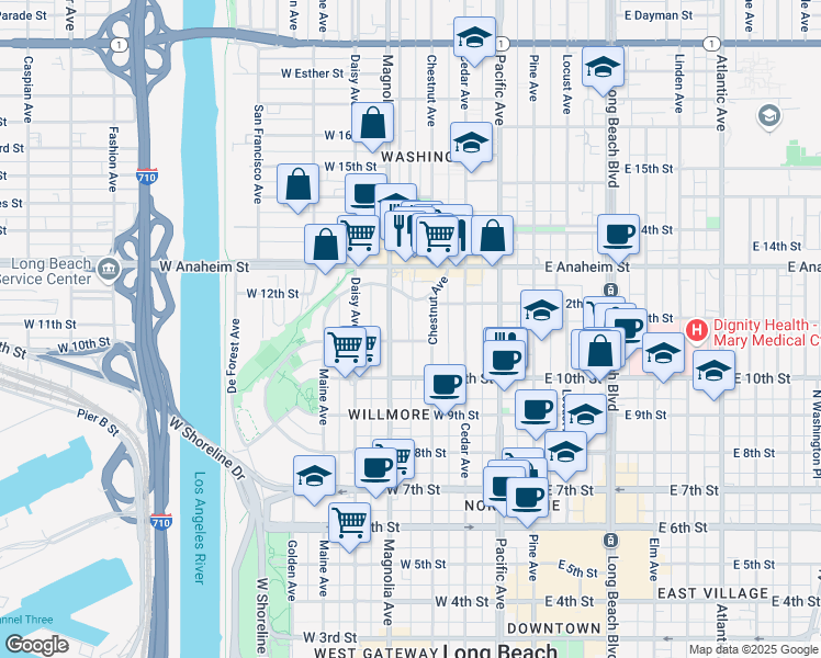 map of restaurants, bars, coffee shops, grocery stores, and more near 428 West 11th Street in Long Beach