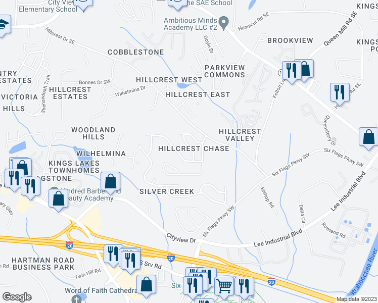 map of restaurants, bars, coffee shops, grocery stores, and more near 7114 Hillcrest Chase Drive Southeast in Austell