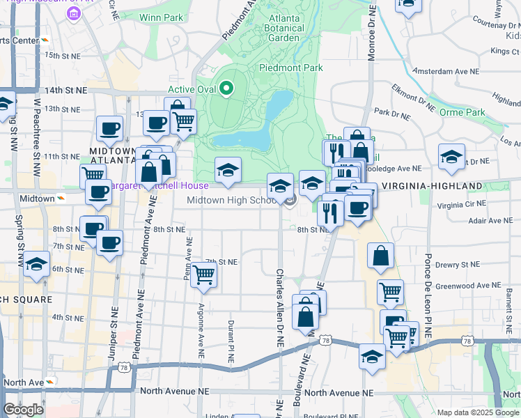 map of restaurants, bars, coffee shops, grocery stores, and more near 9th Street Northeast & Taft Avenue Northeast in Atlanta