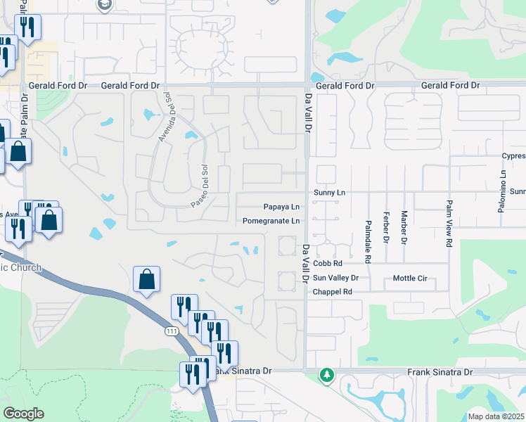 map of restaurants, bars, coffee shops, grocery stores, and more near 69859 Papaya Lane in Cathedral City