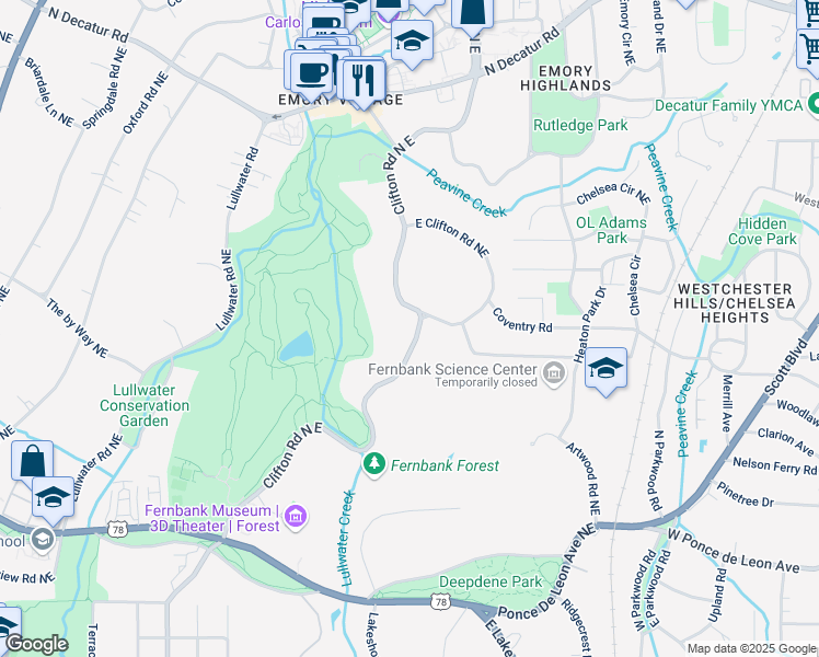 map of restaurants, bars, coffee shops, grocery stores, and more near 956 Clifton Road North East in Atlanta