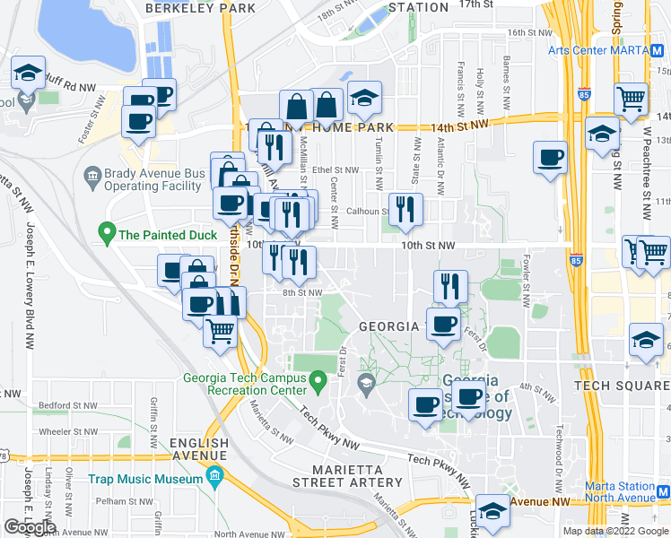 map of restaurants, bars, coffee shops, grocery stores, and more near Center Street Northwest in Atlanta