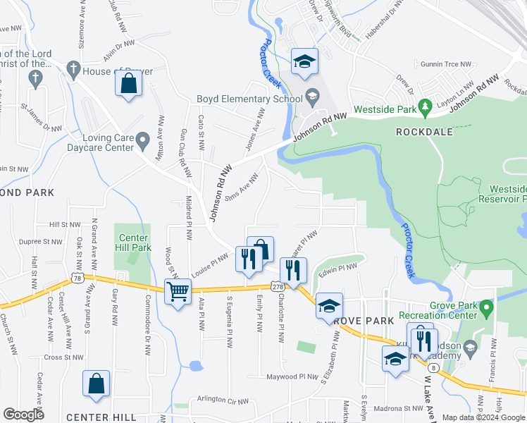 map of restaurants, bars, coffee shops, grocery stores, and more near 939 North Eugenia Place Northwest in Atlanta