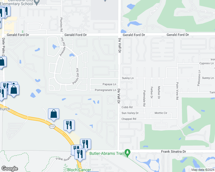 map of restaurants, bars, coffee shops, grocery stores, and more near 69931 Papaya Lane in Cathedral City