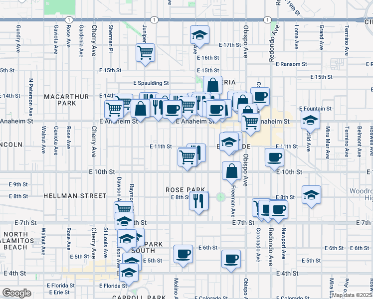map of restaurants, bars, coffee shops, grocery stores, and more near 1064 Ohio Avenue in Long Beach