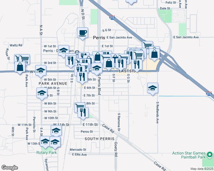 map of restaurants, bars, coffee shops, grocery stores, and more near 242 East 6th Street in Perris