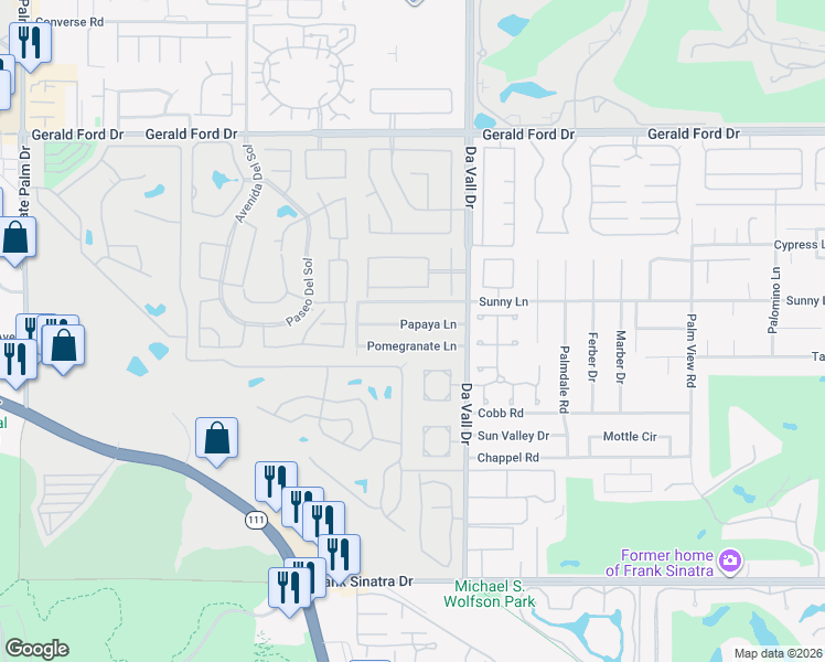 map of restaurants, bars, coffee shops, grocery stores, and more near 69895 Papaya Lane in Cathedral City