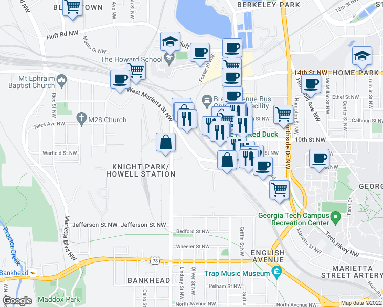 map of restaurants, bars, coffee shops, grocery stores, and more near 820 W Marietta St in Atlanta