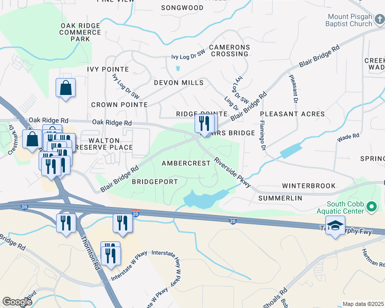 map of restaurants, bars, coffee shops, grocery stores, and more near 7113 Ambercrest Court in Austell