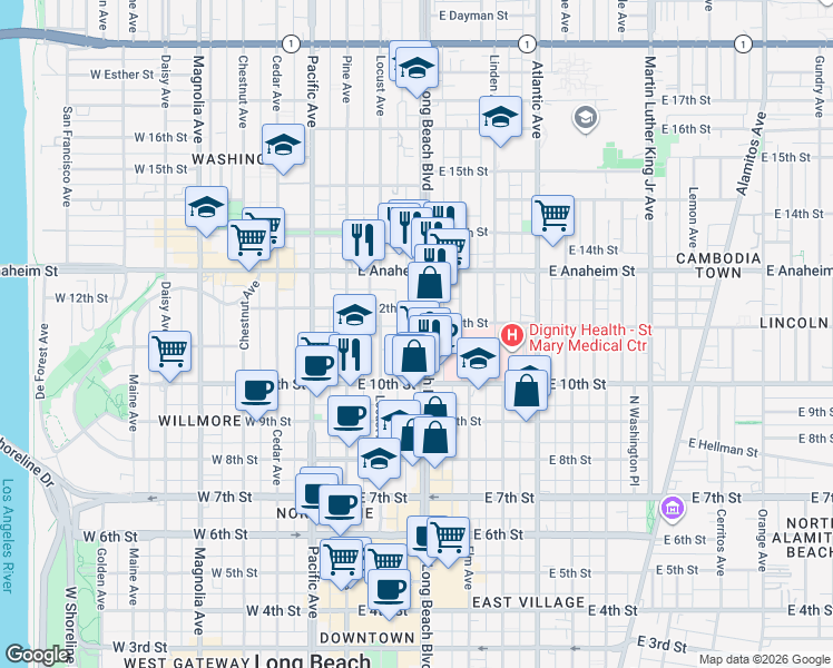 map of restaurants, bars, coffee shops, grocery stores, and more near 1081 Long Beach Boulevard in Long Beach