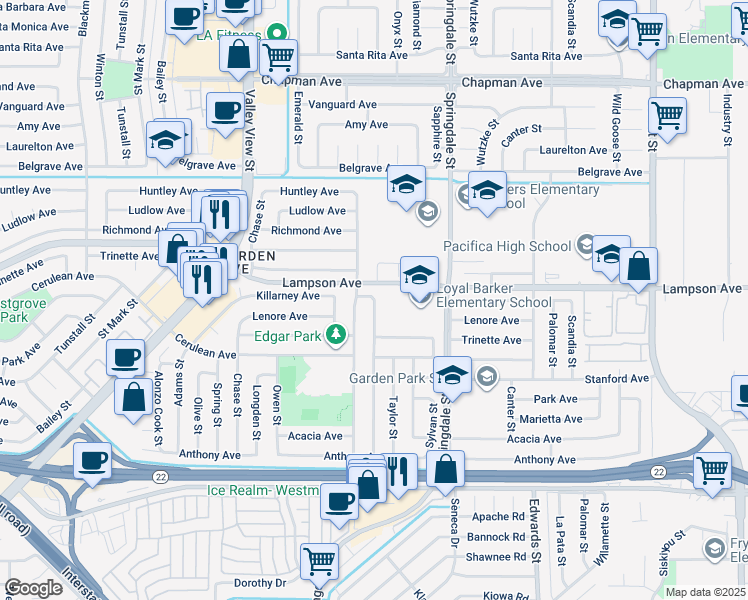 map of restaurants, bars, coffee shops, grocery stores, and more near 6061 Killarney Avenue in Garden Grove