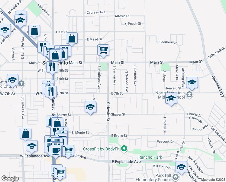 map of restaurants, bars, coffee shops, grocery stores, and more near 611 Carmen Drive in San Jacinto