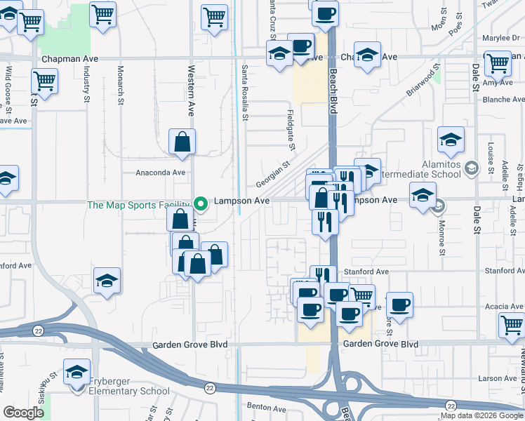 map of restaurants, bars, coffee shops, grocery stores, and more near 7700 Lampson Avenue in Garden Grove