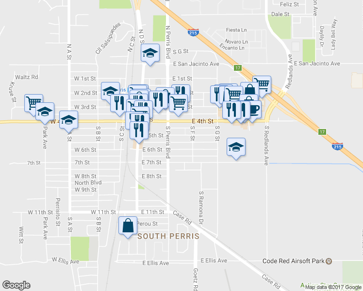 map of restaurants, bars, coffee shops, grocery stores, and more near 242 East 6th Street in Perris
